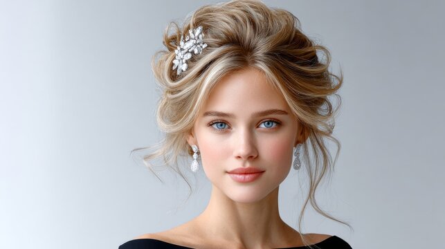 Elegance of a woman with styled hair and jewelry at a formal event