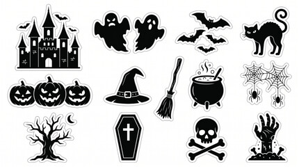 Fototapeta premium Set of Black and White Halloween Icon Stickers Featuring Spooky Haunted Castle Ghost Bat Cat Pumpkin Witch Hat Broom Cauldron Web Skull and Coffin Designs