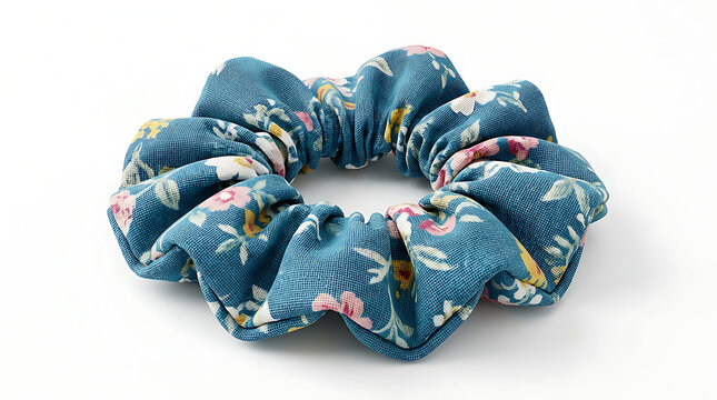 Blue denim scrunchie with floral embroidery isolated on transparent background transparent background