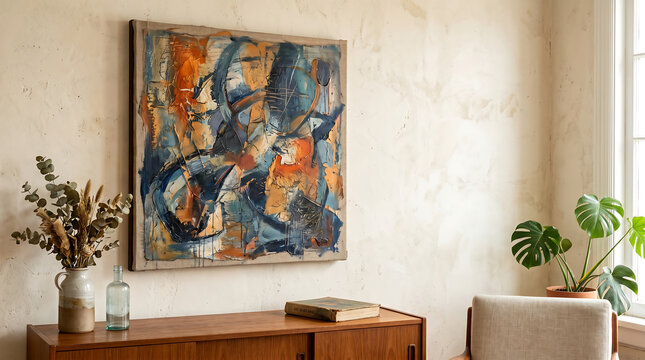 Abstract Painting with a Vintage Wooden Frame Hanging Above a Mid-Century Modern Buffet