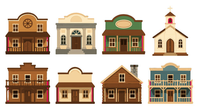Set of western town buildings and church in flat vector style