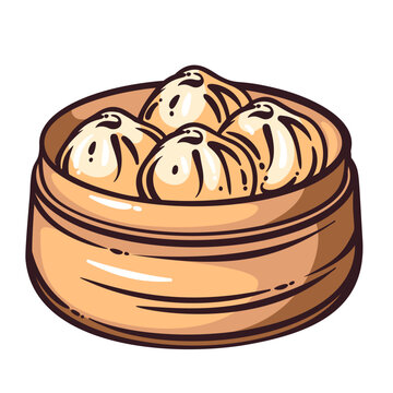 Chinese dumpling in bamboo steamer with folded dough, steam lines and thick ink strokes. Dim sum food menu with Chinese dumpling, hand drawn doodle vector illustration