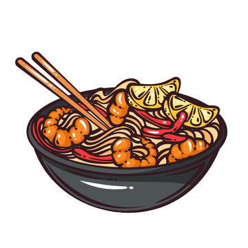 Thai noodle bowl with pad thai noodles, shrimp, chili, lime wedges and chopsticks in dark bowl. Asian food menu with Thai noodle bowl, hand drawn doodle vector illustration