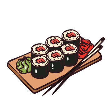 Japanese sushi roll with nori, rice, salmon filling, wasabi, ginger and chopsticks on wooden board. Asian food menu with Japanese sushi roll, hand drawn doodle vector illustration