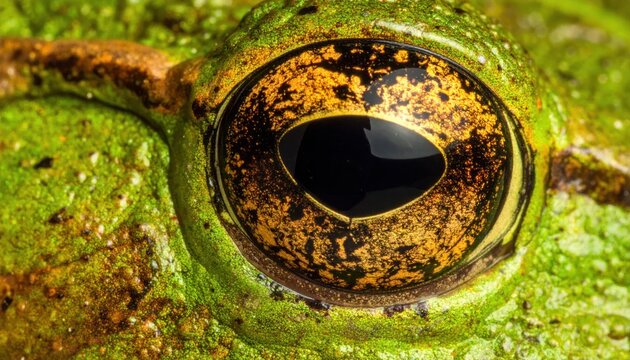 Close Up Green Frog Eye Reflecting Light in Natural Wildlife Macro