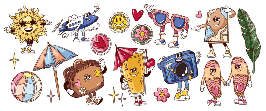 Travel Mascot Icons Set of groovy cartoon characters with airplane, suitcase, camera, globe, ocean wave and summer accessories. Travel mascot icons set in retro outline style vector illustration.