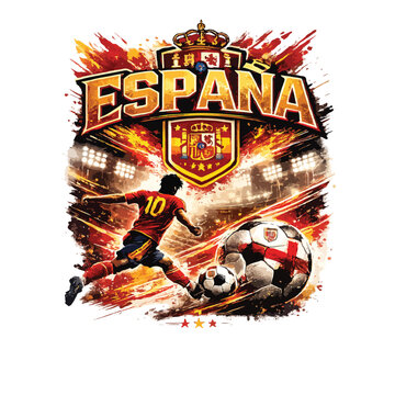 "Modern Spain football t-shirt design, giant ESPA&Ntilde;A typography, red and yellow energy splashes, football hero silhouette, realistic football, championship stadium atmosphere, dynamic brush effects, lu
