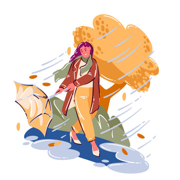 Woman Holding Umbrella in windy park scene with flying leaves, puddles, scarf and autumn trees. Stormy weather moment with woman holding umbrella, flat lifestyle vector illustration.