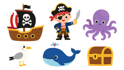 Naklejka premium Cute pirate themed cartoon vector set with ship and sea animals