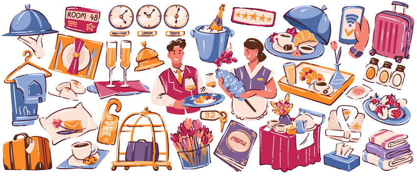 Hotel service icons set with staff characters, room service, luggage, breakfast tray, menu, towels, keys, bell, cleaning and hospitality elements. Cartoon doodle style collection, vector illustration.