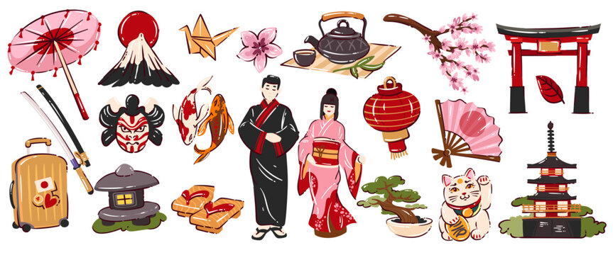 Japan travel cartoon doodle set with Mount Fuji, torii gate, geisha, samurai, sushi, ramen, lanterns, sakura, koi fish, maneki neko, bonsai, origami, pagoda, vector illustration.