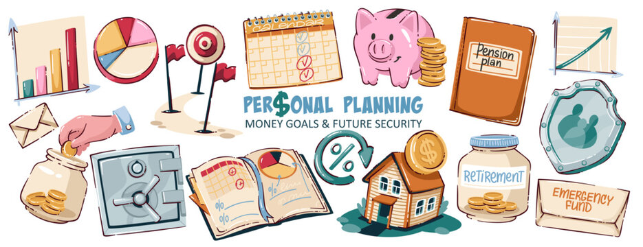 Personal planning icon set with budget charts, savings jar, piggy bank, pension plan, emergency fund, family shield and home finance symbols. Long term personal planning concept, vector illustration.