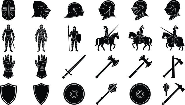 Medieval knight silhouettes with helmets, armored warriors, mounted knights, shields, swords, axes, maces, war hammers and combat equipment
