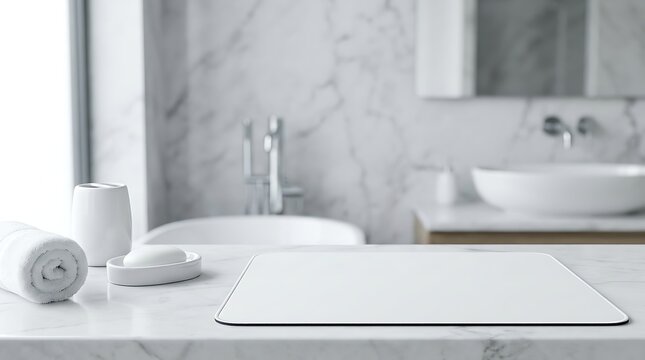 Blank gaming mouse pad mockup on marble bathroom vanity with soft interior lighting, interior design display template