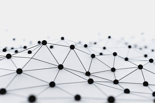This is a 3D rendered abstract network visualization with connected black nodes and lines on a white background, showing a complex data connection structure.