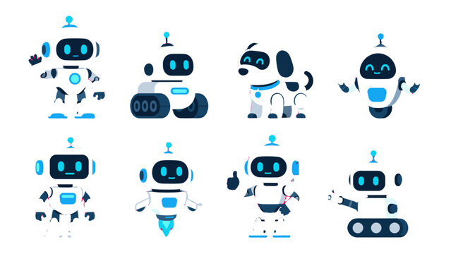 Set of cute cartoon robot characters and a robot dog