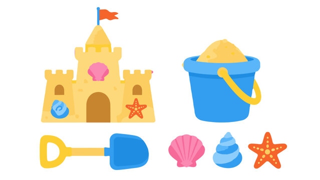 Beach sandcastle bucket shovel and seashell vector set