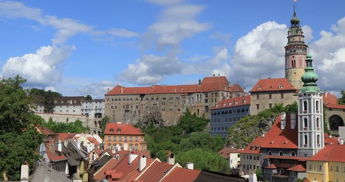 4k locked down stationary motion of the 13th-century Cesky Krumlov Castle and the UNESCO World Heritage Site of the historic town Center of Cesky Krumlov. Situated on the banks of the Vltava river