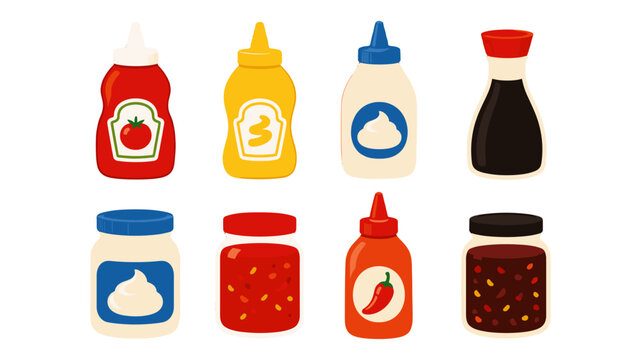Vector set of condiment bottles and jars isolated on white