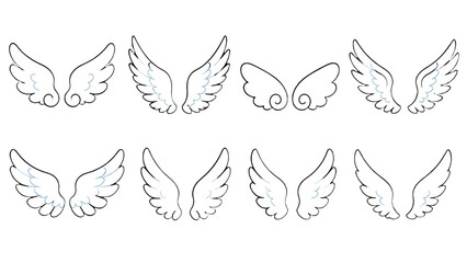 Obraz premium Set of hand drawn angel wing outline pairs on white