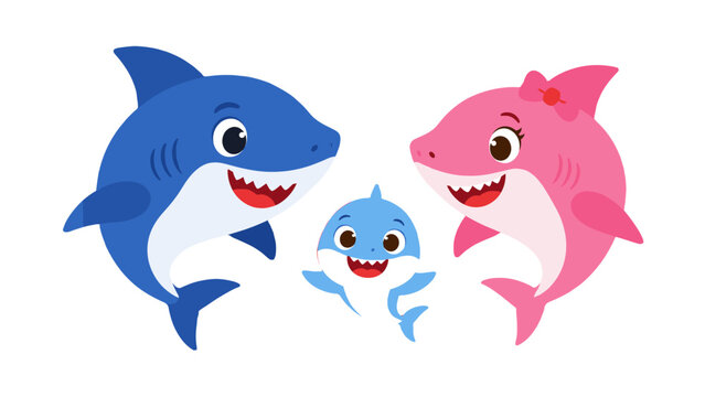 Cute cartoon shark family with blue, pink, and baby sharks
