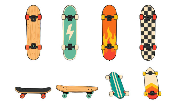 Set of colorful skateboard and longboard vector illustrations