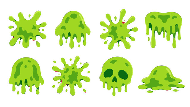 Set of green slime splashes drips and skull cartoon vector