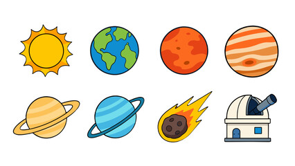 Cartoon space icons with planets sun meteor and observatory © Andrei