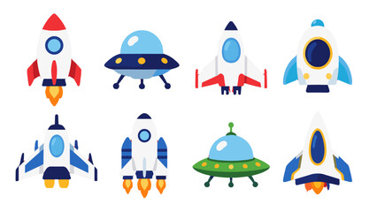 Set of cartoon rockets and flying saucers on white © Andrei