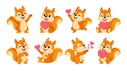 Fototapeta premium Cute squirrel cartoon set with hearts in different poses