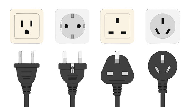 Set of international electric plugs and wall sockets