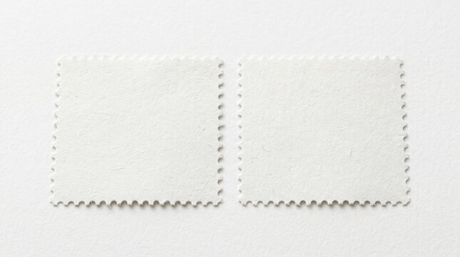Blank white postage stamps, two empty square postal labels with perforated edges, clean minimalist design for custom branding and creative mockups