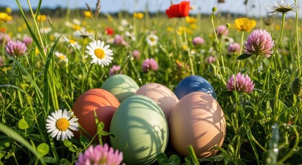 Fototapeta premium Easter eggs in a field flowers.