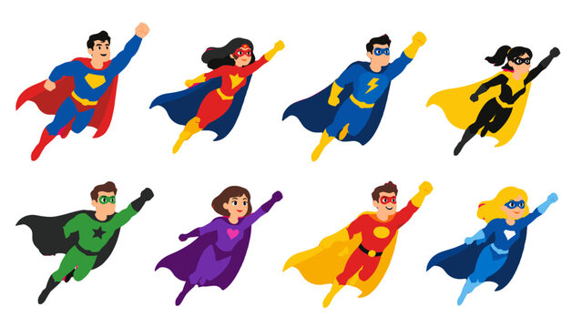 Set of flying superhero characters in colorful comic style