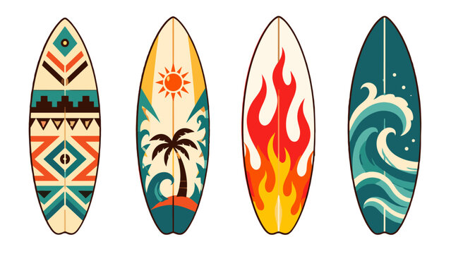 Set of four decorative surfboards with abstract tropical designs
