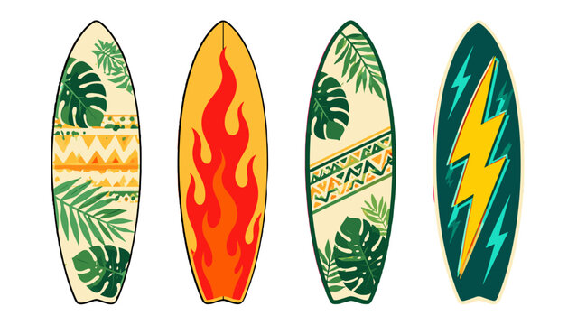 Set of four decorative surfboards with tropical and flame designs