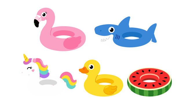 Set of colorful inflatable pool float rings with animal shapes