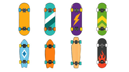 Collection of colorful skateboard deck designs in top view © Andrei