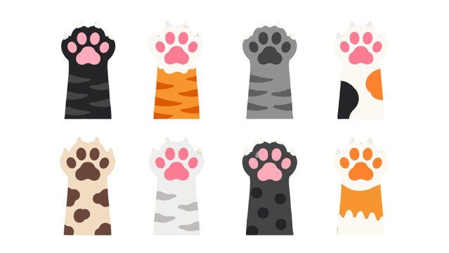 Set of colorful cat paw illustrations on white background