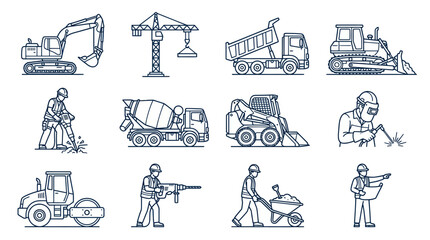 Construction Machinery and Workers Line Art Icon Set © Tukang