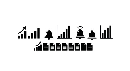 Naklejka premium Business and Notification Icon Set with Bar Charts, Bells, and Documents