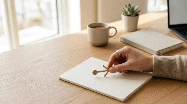 Person concentrating while writing on a blank piece of paper with a pen in a quiet and organized workspace