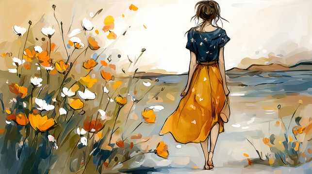Woman walking barefoot wildflower watercolor seaside beach summer orange skirt back view calm mood, watercolor style woman walking barefoot along