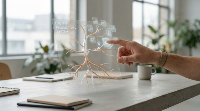 Individual's hand holding a transparent tree model representing nature and innovation in a creative work environment