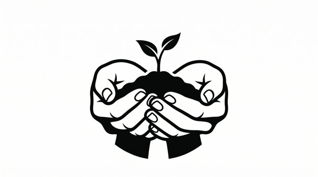 Minimalist black and white vector illustration of hands gently cupping a small sprout in soil representing environmental growth and sustainability