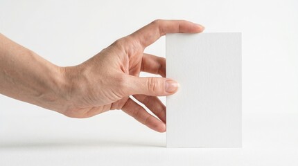 Obraz premium Female hand holding a blank white vertical business card, a clean minimalist design for branding and identity presentation, showcasing a customizable empty paper template for corporate messaging.