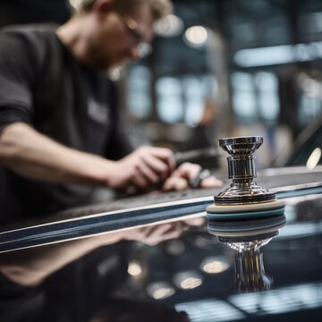 Professional car polishing machine in use with focused automotive technician working on vehicle surface in modern workshop environment