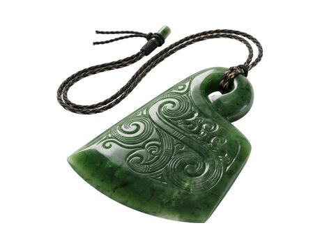 Maori Toki Pendant in Polished Nephrite Jade Isolated on White Background &ndash; Photorealistic Pounamu Cultural Artifact Jewelry Rendering