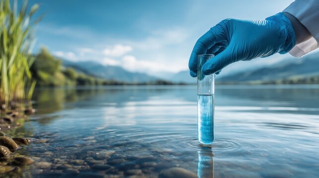 Scientist wearing blue glove collecting water sample from a clear natural lake surrounded by mountains for environmental testing and quality analysis