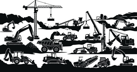 Heavy Construction Machinery Silhouette Set with Excavators Dump Truck and Crane in Quarry © Mst
